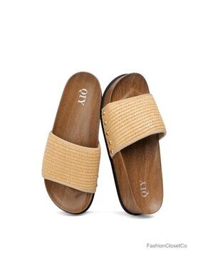 Studded Raffia Platform Slides Sandals for Women Arch Support Slip-on Wedge